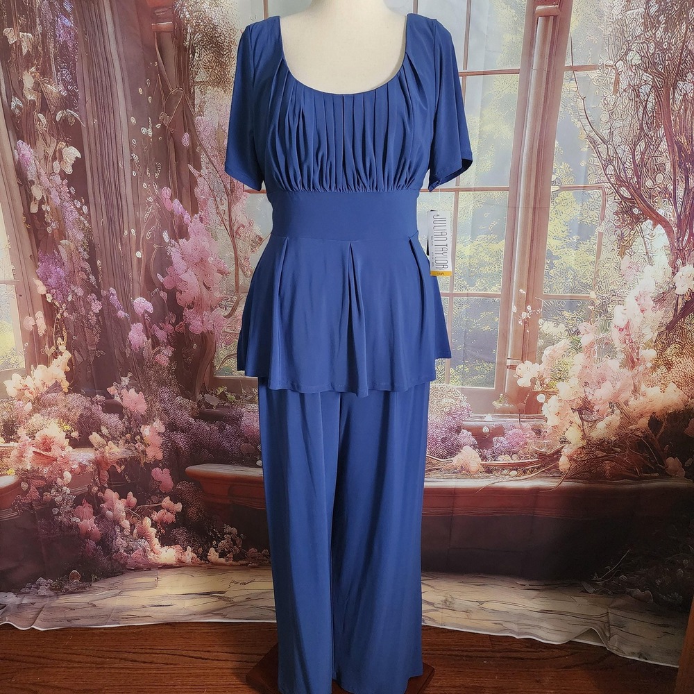 Julian Taylor New York Women 16W Blue 2-Piece Set Babydoll Top‎ Wide Leg Pants